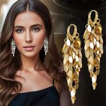 1 Pc Elegant Women Tassel Earrings Wedding Jewelry Accessories Girl Gift Fashion Geometric Leaf Shape Hoop Earrings Birthday/Engagement/Holiday Gifts Everyday Jewelry, Elegant Accessory - Vàng - Xem 4
