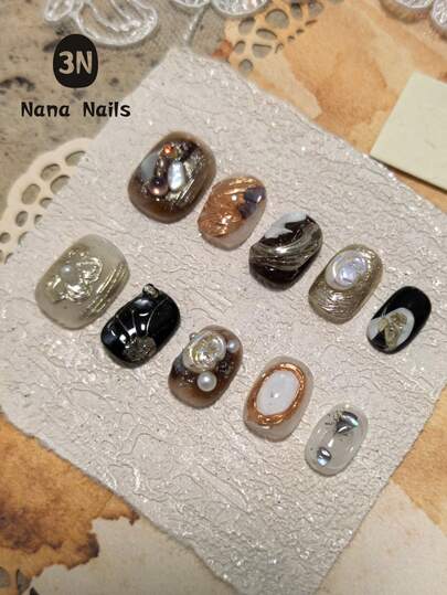 1包/10片 纯手工秋季美甲贴片 - 奢华巴洛克珍珠金花装饰，ins风秋季假指甲，加厚手工秋季假指甲，短方形指甲套装 美甲用品