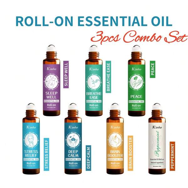 Set combo da 3 pezzi, olio essenziale roll-on da 30 ml/0,99 fl.oz con fragranze affascinanti per pelle, corpo, viso, mani, piedi, collo e torace, con bergamotto, eucalipto, tea tree, rosmarino, olio di jojoba e olio d'oliva, formato compatto da viaggio, adatto come regalo per uomo e donna