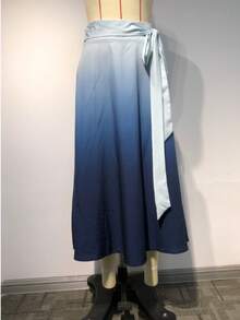 女士秋季 A 字型腰带户外渐变色中长裙。 - 藍色 - 查看 1