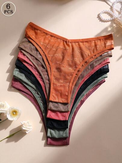 6-Pack Sexy Heart Lace Hollow Out Low Rise No Show Panties For Women - Soft Stretchable Seamless Bikini Underwear Set, Daily Wear,Sports, Yoga & Intimates Briefs