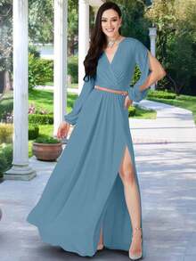 KOH KOH Women's V Neck Wrap Maxi Dress Gown With Long Split Bishop Slit Cutout Sleeve Tie Waist Sash Belt Pull On Soft Stretch Stretchy Jersey Knit Comfortable Comfy Flowing A Line Floor Full Length High Slit Side Slit Modest Elegant Simple Solid Classy Slimming Flattering Draped Faux Wrap Ruched Waist Bishop Sleeve Balloon Sleeve Cuffed Bridesmaid Wedding Guest Mother Of The Bride Or Groom Prom Evening Cocktail Party Semi Formal Or Formal Black Tie Gala Engagement Anniversary Graduation Homecoming Spring Summer Fall Autumn Church Choir Sunday Baptism Funeral Baby Shower Bridal Shower Maternity Friendly Pregnancy And Nursing Friendly Vacation Holiday Travel Cruise Garden Party Beach Wedding Islamic Abaya Muslim Moroccan Petite And Plus Size Tall Curve Curvy Photoshoot Outfit For Tall Girls And Women - 淡藍色 - 查看 3