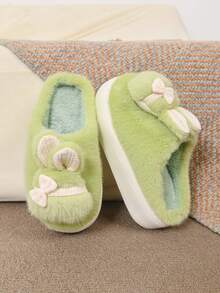 Comfortable Thermal Slippers With Soft Faux Fur, Bow Decor, Thick Sole, Non-Slip, Warm For Home Use In Autumn/Winter