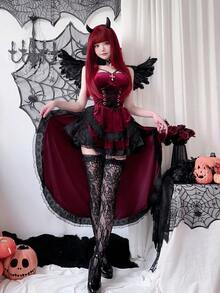 Dark Gothic Halloween Costume Women's Dress Swallowtail Witch Vampire Bride Performance Costume - Red - View 3
