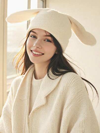 1pc Bunny Cute Long Ears Knit Beanie Hat Fluffy Women Men Cute Rabbit Crochet Skull Cap Winter Fall Warm Cold Weather Gift Snow Ski Running Travel