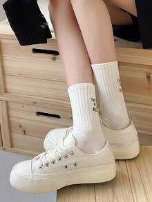 1pair Women Slogan Embroidered Fashionable Crew Socks For Daily Life - White - View 3