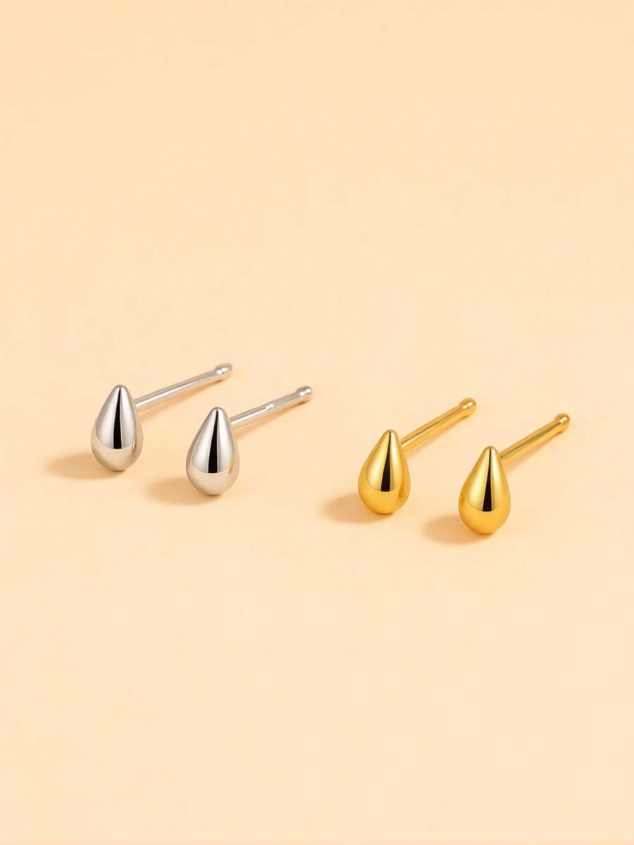 2pcs Fashionable Mini Smooth Water Drop Stud Earrings, Versatile Personalized Minimalist Earrings, Daily Wear For Women
