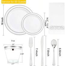 700 Pieces Gold Dinnerware Set - Guests Disposable Dinnerware Set Party, Wedding, Include: 200 Plates With Gold Trim, Cups, Napkins, Plastic Silverware Sets - 50 位嘉賓 + 銀牌 - 查看 2