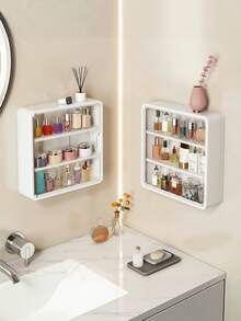 1pc Wall Mount Makeup Organizer, No Drill Adhesive Clear Cosmetic Display Case With Adjustable Shelves, Multi-Functional Bathroom Storage Box For Countertop, Space Saving Vanity Organizer For Home Office - 白色 - 查看 5