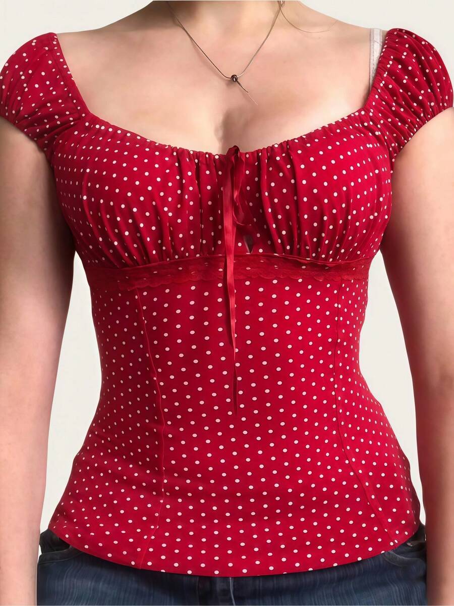 Women's Y2K Polka Dot Milkmaid Tops Cap Sleeve Square Neck Tie Front Ruched Bust Slim Fit Shirts Vintage Casual Going Out Tops Streetwear Coquette Aesthetic Clothes Summer Tee - 紅色 - 查看 1