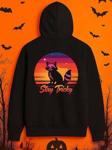 1pc Men'S Funny Rac & Stay Tricky Graphic Hooded Sweatshirt - Oversized Black Pullover With Pink Lettering, Casual Sporty Long Sleeve Hoodie For Halloween, Christian Spring & Autumn Wear, Comforta,Fall Hoodies,Men's Fall Clothes,Street Wear,Halloween,Mens Hoodies,Y2k Clothes,Jesus Hoodie,Thanksgiving Day,Nightmare Before Christmas,Christmas - 黑色 - 查看 1