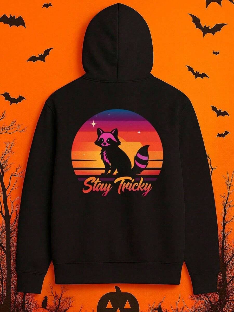 1pc Men'S Funny Rac & Stay Tricky Graphic Hooded Sweatshirt - Oversized Black Pullover With Pink Lettering, Casual Sporty Long Sleeve Hoodie For Halloween, Christian Spring & Autumn Wear, Comforta,Fall Hoodies,Men's Fall Clothes,Street Wear,Halloween,Mens Hoodies,Y2k Clothes,Jesus Hoodie,Thanksgiving Day,Nightmare Before Christmas,Christmas - 黑色 - 查看 1