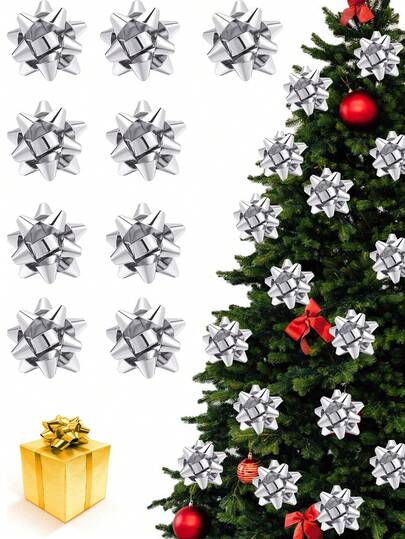 50 pezzi/30 pezzi/7,5 cm Decorazioni adesive argentate a forma di farfalla per macchina, fiocchi lucidi, perfetti per Natale, feste invernali, Capodanno, decorazioni per regali di San Valentino (Argento)