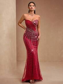 Elisanya AMILUCK New Luxury High-End Sequin & Beaded Lace Patchwork Bust Boned Mesh Ruffle Decor Sweetheart Mermaid Tail Dress - Burgundy - View 7