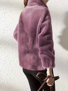 Plush Jacket With Drawstring, Casual Long-Sleeved Jacket With Zipper - 紫色 - 查看 2