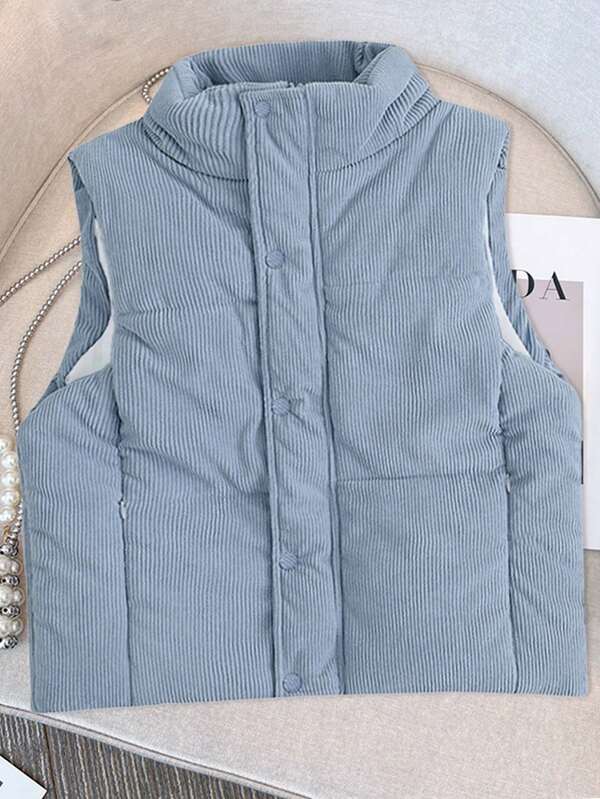Gilet en velours côtelé pour femmes, automne/hiver, col montant sans manches avec fermeture éclair complète, gilet décontracté et chaud avec poches
