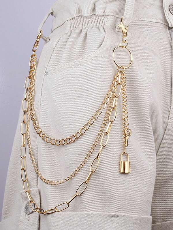 1 pieza Cadena de cintura/pantalón de estilo punk con diseño de candado y llave de moda versátil de estilo hip hop, multicapa, adecuada para uso diario en la calle y como accesorio de joyería