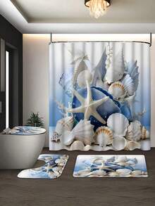 1/4 Stücke kreatives Korallen-Seestern-Muscheldesign Duschvorhang und Liner Set, Heimdekoration Vorhang, Badezimmer Duschvorleger, moderne Badezimmervorhänge, wasserdicht, Badezimmer Teppich, U-förmige Toilettenvorleger, Toilettendeckel, 12 Haken, geeignet für Heimdekoration, Feiertage, tägliche Dekoration, Weihnachtsdekoration, Badezimmerdekoration, Duschdekor, ideales Geschenk