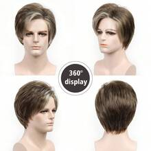 White Highlighted Men's Wig Short Brown Wigs For Men Curly Layered Natural Looking Side Part Hair Heat Resistant Synthetic Wigs With Wig Cap