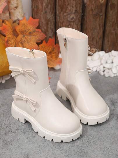 1 paire de bottes mi-mollet blanches, souples et confortables  PU pour tout-petits/petites filles avec nœud, fermeture éclair latérale, bout rond, doublure chaude, bottes de princesse mode pour filles de 3 à 15 ans, convenant pour le quotidien, les vacances, l'école, l'automne/l'hiver