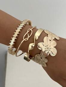 4pcs Vintage Exaggerated Floral Geometric Striped Twist Open Cuff Bracelet Set, Suitable For Women's Daily Wear, Gift, Stackable - Golden 22 - View 3