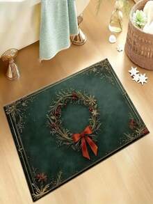 1pc New Christmas Wreath Bow Doormat - Christmas Gift, Suitable For Living Room, Bedroom, Indoor - Machine Washable -- Flannel Material, Delicate Wrap, Skin-Friendly, No Pilling, Slightly Water-Resistant Easy Care, Odorless - Ideal For Home Decor, Room Decor, Living Room Carpet, Bedroom Carpet, Bathroom Carpet, Kitchen Carpet, Area Rug, Hotel Decor - Area Rug, All Season Use