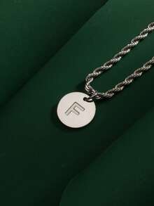 1件装时尚嘻哈风不锈钢26字母A-Z吊坠，搭配不锈钢扭链项链，适合男士日常佩戴 - 銀色 - 查看 7