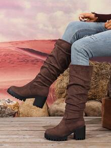 Damen Kniehohe Stiefel mit rundem Zehenbereich, dickem Absatz, Velourslederimitat und gerafftem Design, Kaffeebraun, modische Stiefel für Frühling, Herbst und Winter - Kaffeebraun - Übersicht 2