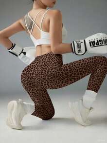 Plus Women's Leopard Print Hip Lifting Tight Yoga Exercise Pants - Brown - View 4