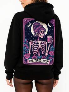 Rosy Closet Fall Clothes For Women The Tired Mom Skeleton Moon Floral Graphic Pullover Hoodie. - 黑色 - 查看 1