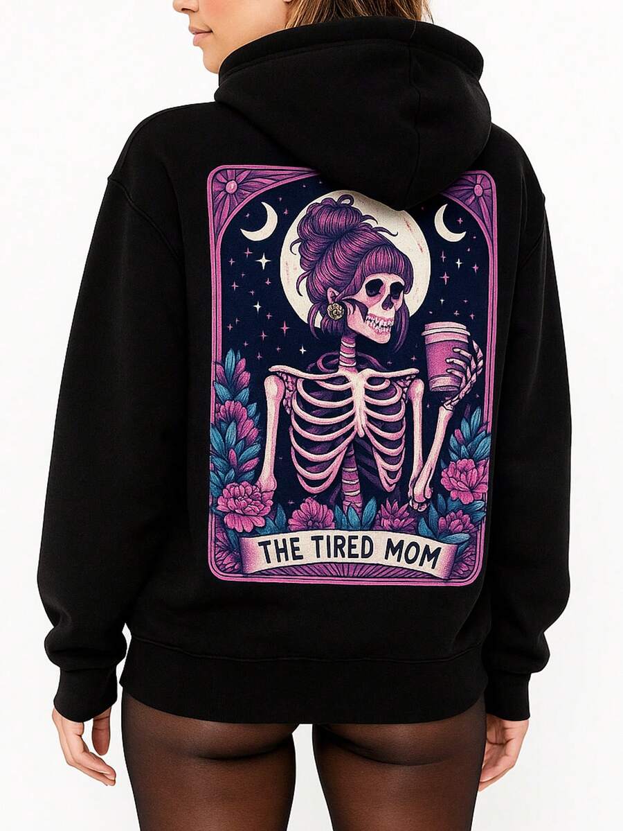 Rosy Closet Fall Clothes For Women The Tired Mom Skeleton Moon Floral Graphic Pullover Hoodie. - 黑色 - 查看 1