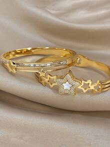 18K Gold Plated Stainless Steel Luxury Elegant Star Charm Bangle Bracelet Set With Mother Of Pearl, Mom Gift Christmas Thanksgiving Halloween Wedding Rave/Prom/Party/Daily Accessories Gift For Anniversary Valentine's Day Boho Jewelry Birthday Bridesmaid Gifts