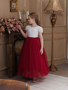 酒红色优雅公主 V 领蕾丝边网眼派对礼服，适合女孩的生日派对、宴会、晚会、婚礼、花童、伴娘 - 酒紅色 - 查看 7