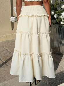 Plus Size Tiered Midi Skirt For Women- Buttery Soft Pleated Texture Fluted Hem, Women's Layered Lounge Skirt For Campus Walks, Living Room Moments Daily Comfort - White - View 4