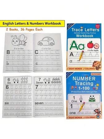 Libro de práctica de escritura con trazado de letras mayúsculas y minúsculas del abecedario inglés, números, herramienta educativa temprana de aprendizaje para niños