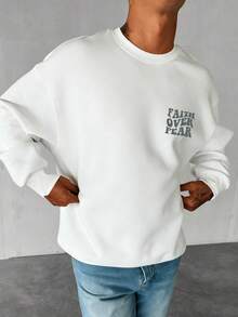 Sweat-shirt ample à col rond à manches longues avec imprimé graphique de lettres casual pour hommes, printemps/automne - Blanc - Voir 3