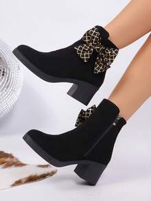 بوت كاحل للنساء بفيونكة سوداء وسحاب جانبي، كعب سميك، رأس مستدير، سحاب جانبي، كاجوال/للتنقل، خريف/شتاء