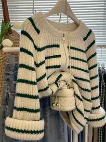 Women's Solid Color Casual Loose Cardigan, Black And White Striped Zipper Design, Suitable For School, Gothic Style, Date Night, Basic Long Sleeve Top For Women, Suitable For Daily Commute, Spring Break, Vacation, Concert, Boho Style, Music Festival, Holidays, Christmas, Halloween, Thanksgiving And Chinese New Year - Multicolor - View 4