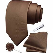 Solid Formal Tie And Pocket Square Plain Necktie Lapel Pin And Set For Men - Brown - View 1
