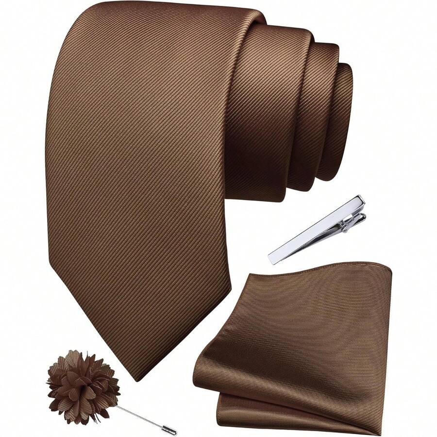 Solid Formal Tie And Pocket Square Plain Necktie Lapel Pin And Set For Men - Brown - View 1