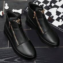 Casual Leather Ankle Boots, High-Top Shoes, Sneakers With Metal Eyelets, Side Zipper, For Daily Wear - Black - View 2