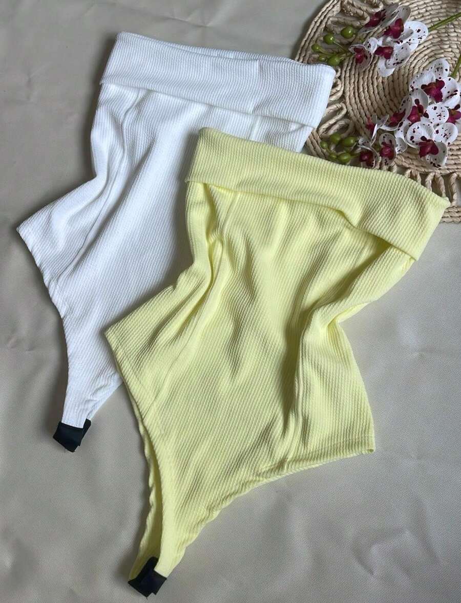 Kit Two (2) Women's Strapless Bodysuits Versatile Elegant Comfortable Spring Summer - White and Yellow Butter - View 1