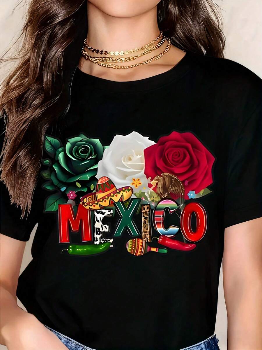 Mexico Themed T-Shirt With Colorful Roses, Mariachi Hat, Sombrero, And Cultural Symbols - White Women's Casual Top For Mexico Pride And Festivals - 黑色 - 查看 1