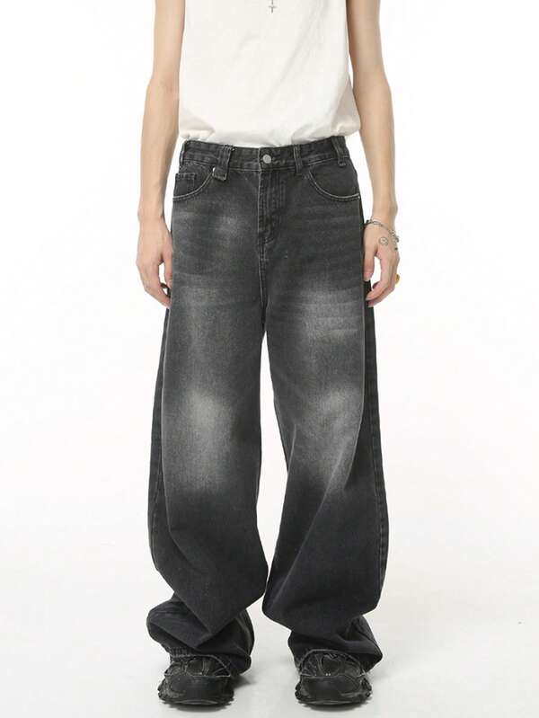 بنطلون جينز رجالي فضفاض واسع الساق كاجوال