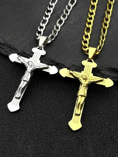 Pendentif en acier inoxydable de style catholique avec la crucifixion de Jésus en forme de croix, gravé avec des prières. Assorti avec une chaîne cubaine en argent et or, bijoux de mode de style religieux pour hommes et femmes