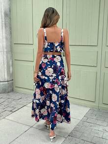 Women's 2 Pieces Ditsy Floral Sleeveless Top And Ruffle Hem Maxi Skirt Set, Casual Beach Dress - Multicolor - View 5