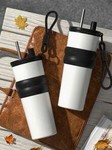 1 件 24 盎司可爱真空隔热不锈钢水瓶，配有优雅背带（无配件），便携式户外，大容量双层隔热防漏带盖玻璃杯，适合露营、骑行、办公室和家庭，四季皆宜，完美的礼物 - 彩色 - 查看 4