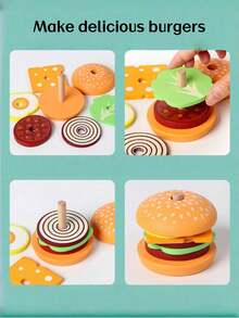 1PC Wooden Fast Food Play Set Stacking Building Toys Kitchen Pretend Role Play Educational Montessori Learning Toys For Kids Birthday Gift - Multicolor - View 4