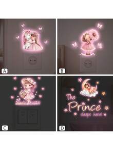 BRUP 1张夜光开关贴纸，儿童房墙贴，独角兽和女孩梦幻夜灯贴纸，自粘可移除婴儿房墙贴，粉色蝴蝶装饰，适合粉色女孩房，生日礼物创意，万圣节圣诞节礼物 - 粉色 - 查看 4