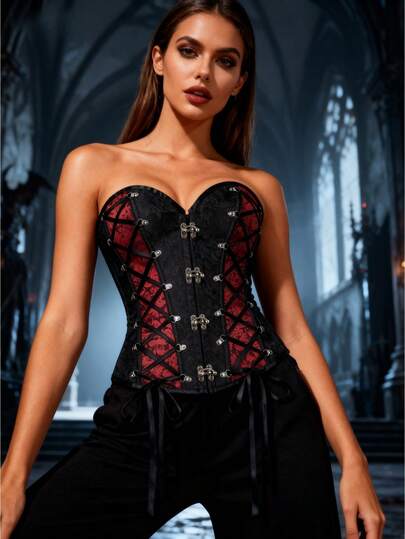 Corsé estilo gótico steampunk con parches, bustier sin tirantes con ballenas, body con abotonadura frontal y top corto ajustado para mujeres, adecuado para mascaradas y Halloween